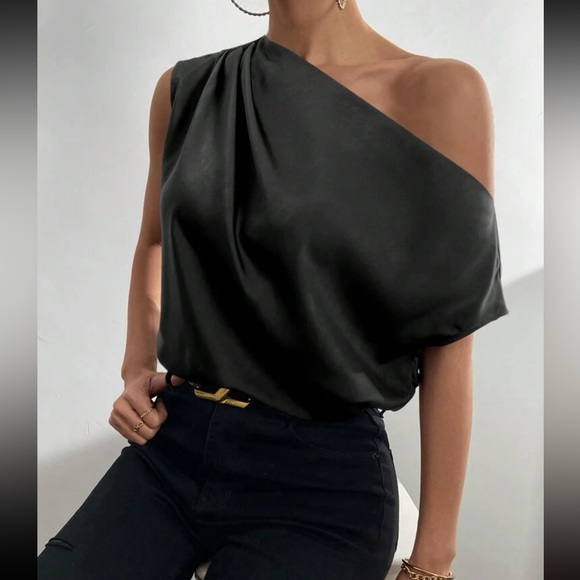 Ruched  mauve purple asymmetrical neck blouse - Picture 11 of 16